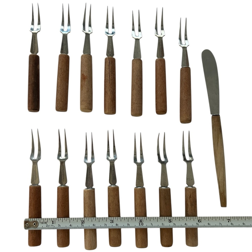 Cocktail  Appetizer Forks And Knife Small Stainless Steel & Wood 15 Pc Vintage - Picture 6 of 15